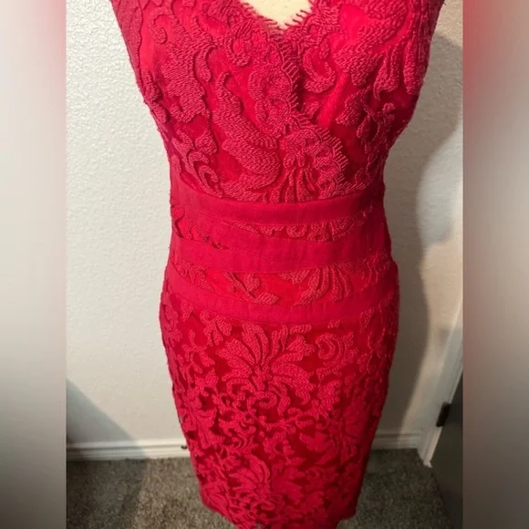 Tadashi Shoji (SALE) Red embroidered lace banded sheath dress in size 4 - Picture 6 of 9